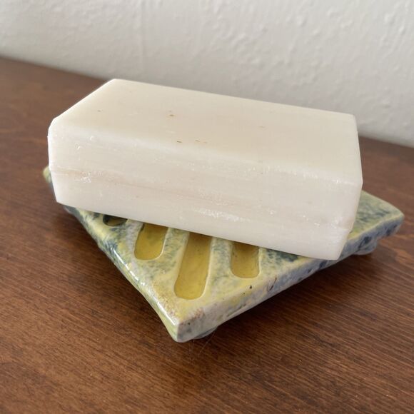 Handmade Pottery Ceramic Soap Dish 3.5‎ Inch Square Yellow Blue Abstract - Picture 6 of 7